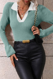 Khaki Casual Solid Patchwork V Neck Tops