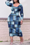 Blue Casual Print Patchwork O Neck Straight Dresses