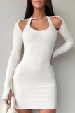 Purple Sexy Casual Solid Hollowed Out Halter Long Sleeve Dresses