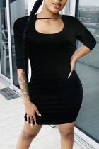 Black Sexy Solid Patchwork U Neck Pencil Skirt Dresses