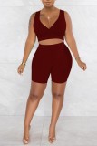 Burgundy Casual Solid Basic V Neck Sleeveless Two Pieces