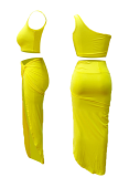 Yellow Sexy Solid Patchwork One Shoulder Sleeveless Two Pieces