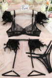Black Sexy Solid Patchwork See-through Feathers Chains Valentines Day Lingerie