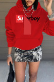Red Casual Street Print Patchwork Hooded Collar Tops