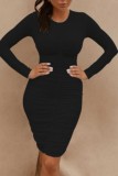 Blue Casual Solid Fold O Neck Long Sleeve Dresses