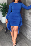 Royal Blue Elegant Solid Patchwork Flounce Fold Asymmetrical O Neck Pencil Skirt Plus Size Dresses