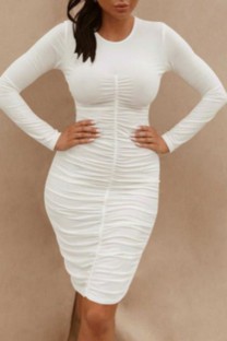 White Casual Solid Fold O Neck Long Sleeve Dresses