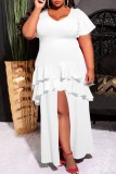 White Casual Solid Slit O Neck Short Sleeve Dress Plus Size Dresses