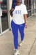 Blue Casual Print Letter O Neck Short Sleeve Two Pieces
