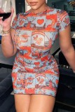 Tangerine Red Casual Print Basic O Neck Short Sleeve Dress