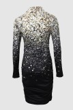 Black Casual Print Basic Zipper Collar Long Sleeve Dresses