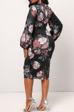 Blue Casual Print Patchwork O Neck One Step Skirt Dresses