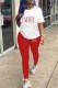 Red Casual Print Letter O Neck Short Sleeve Two Pieces