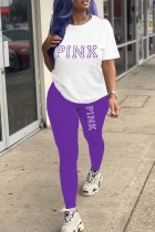 Purple Casual Print Letter O Neck Short Sleeve Two Pieces
