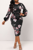 Blue Casual Print Patchwork O Neck One Step Skirt Dresses