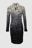Black Casual Print Basic Zipper Collar Long Sleeve Dresses