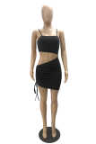 Color Blue Street Solid Draw String Fold Spaghetti Strap Pencil Skirt Dresses