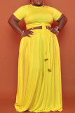 Yellow Casual Solid Bandage O Neck Plus Size Two Pieces