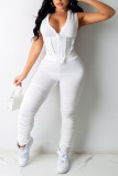 White Sexy Solid Patchwork Asymmetrical Zipper Hooded Collar Sleeveless Two Pieces