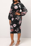 Blue Casual Print Patchwork O Neck One Step Skirt Dresses