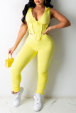 Yellow Sexy Solid Patchwork Asymmetrical Zipper Hooded Collar Sleeveless Two Pieces