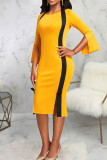 Rose Red Vintage Elegant Solid Patchwork Slit Halter One Step Skirt Dresses