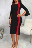 Rose Red Vintage Elegant Solid Patchwork Slit Halter One Step Skirt Dresses