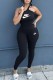 Black Sexy Print Letter One Shoulder Jumpsuits