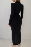 Black Sexy Solid Patchwork Slit Fold Asymmetrical V Neck One Step Skirt Dresses