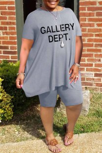 Grey Casual Print Letter O Neck Plus Size Two Pieces