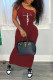 Burgundy Casual Print Patchwork Oblique Collar One Step Skirt Dresses