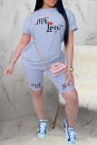 Light Blue Casual Letter Print Basic O Neck Short Sleeve Two Pieces