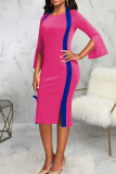 Rose Red Vintage Elegant Solid Patchwork Slit Halter One Step Skirt Dresses