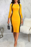 Rose Red Vintage Elegant Solid Patchwork Slit Halter One Step Skirt Dresses
