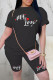 Black Casual Letter Print Basic O Neck Short Sleeve Two Pieces