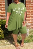 Green Casual Print Letter O Neck Plus Size Two Pieces