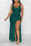 Red Sexy Solid Sequins Patchwork Slit U Neck Vest Dress Dresses