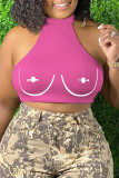 Pink Sexy Print Patchwork O Neck Tops