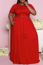 Red Casual Solid Bandage O Neck Plus Size Two Pieces