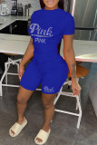 Blue Casual Letter Hot Drilling Basic O Neck Short Sleeve Two Pieces