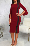 Rose Red Vintage Elegant Solid Patchwork Slit Halter One Step Skirt Dresses