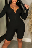 Grey Casual Sportswear Solid Patchwork Zipper U Neck Skinny Rompers