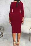 Rose Red Vintage Elegant Solid Patchwork Slit Halter One Step Skirt Dresses