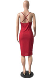Red Sexy Casual Print Backless Spaghetti Strap Sling Dress Dresses