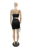 Color Blue Street Solid Draw String Fold Spaghetti Strap Pencil Skirt Dresses