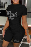 Pink Casual Letter Hot Drilling Basic O Neck Short Sleeve Two Pieces