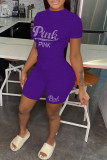Purple Casual Letter Hot Drilling Basic O Neck Short Sleeve Two Pieces
