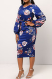 Blue Casual Print Patchwork O Neck One Step Skirt Dresses