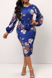 Blue Casual Print Patchwork O Neck One Step Skirt Dresses
