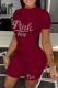 Burgundy Casual Letter Hot Drilling Basic O Neck Short Sleeve Two Pieces